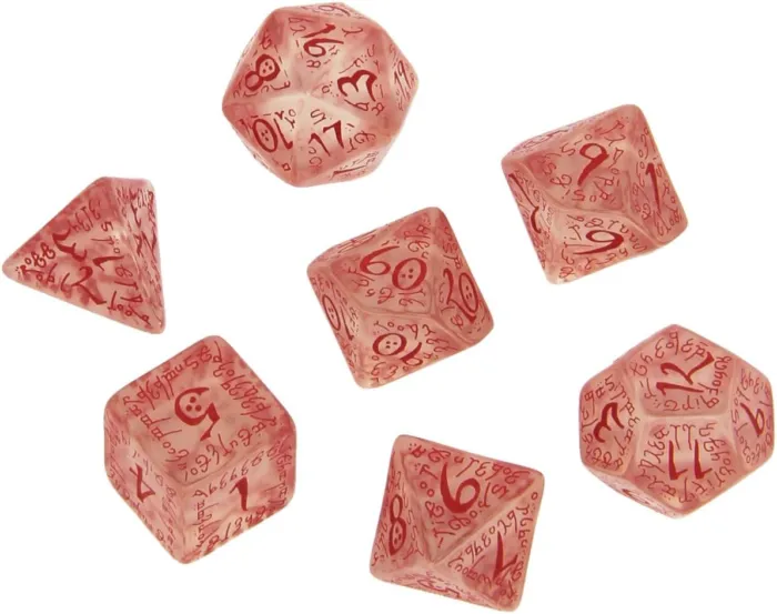 Qworkshop 7 Piece Elvish Dice Set - Translucent and Red