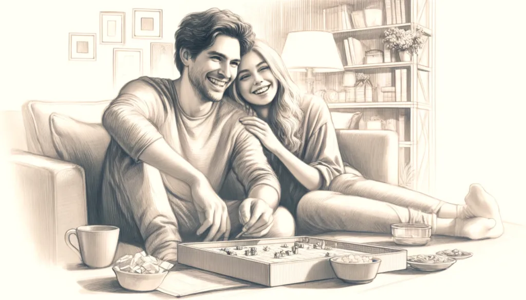 A pencil sketch in a wide aspect ratio, depicting a couple taking a break and having fun. The scene shows the couple sitting on a cozy couch, smiling 