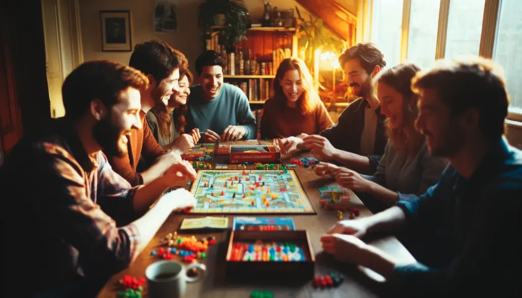 People playing board games and laughing. The scene features a diverse group of friends