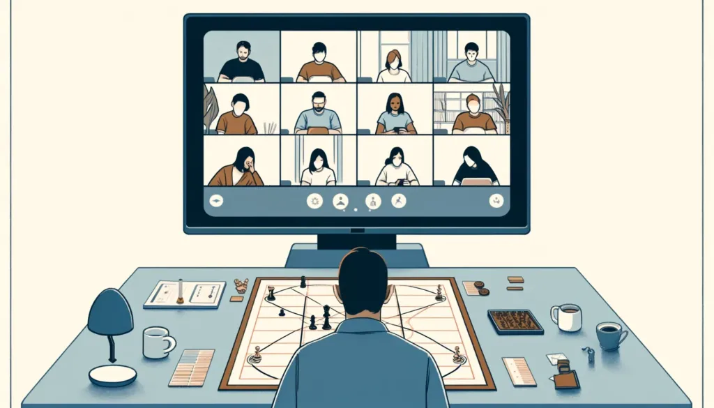 people playing a board game via a Zoom call